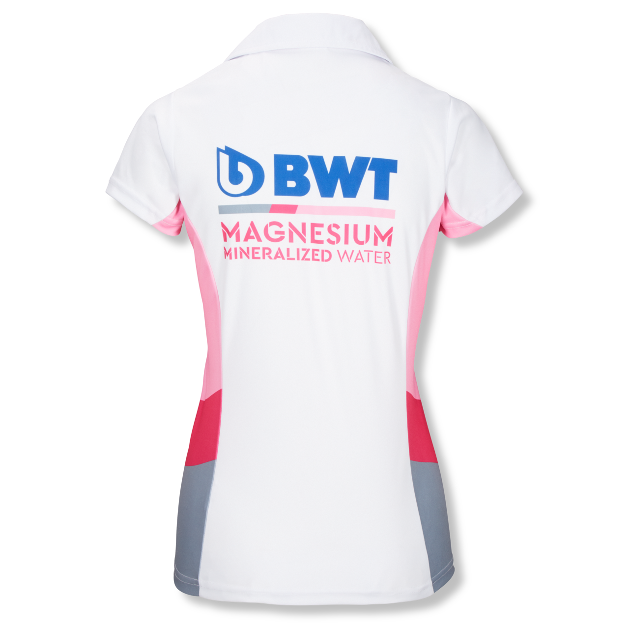 Rückseite des BWT Edition Polo Shirt Damen in weiß mit pinken Akzenten und blauem BWT Logo