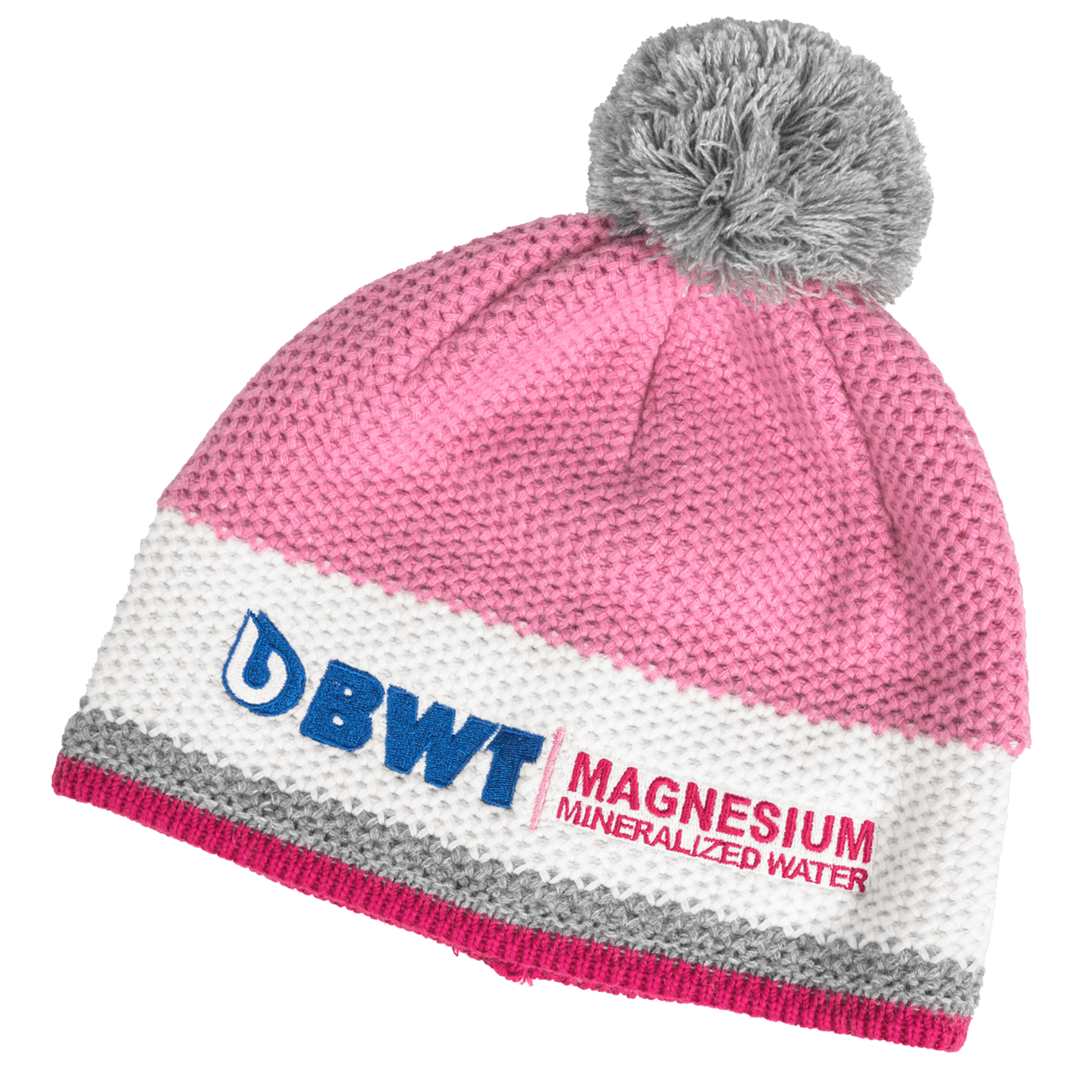 BWT Wollmütze Strick in pink/weiß mit grauer Quaste und blauem BWT Logo