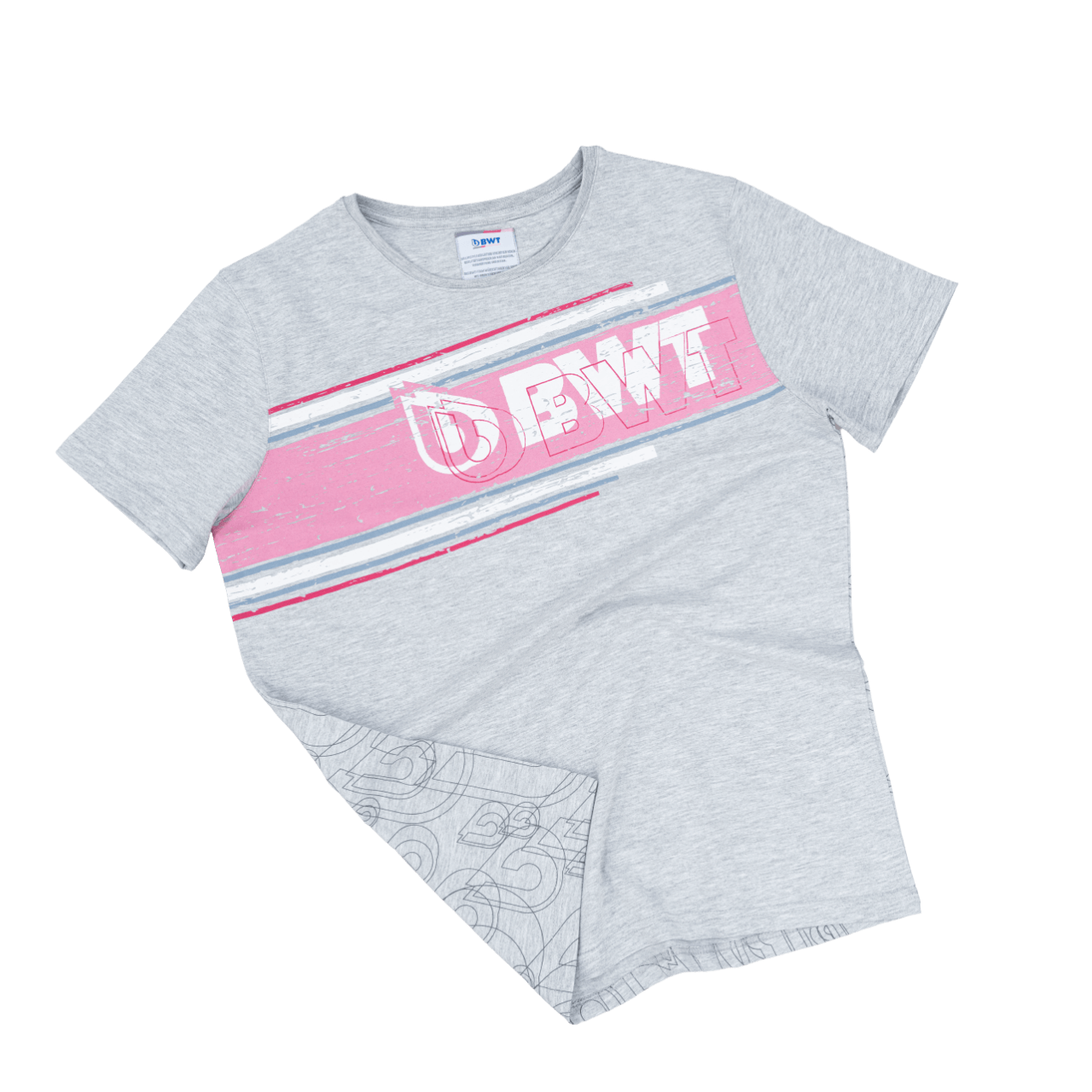 BWT Lifestyle T-shirt Herren grau mit weißem BWT Logo auf pinkem Hintergrund