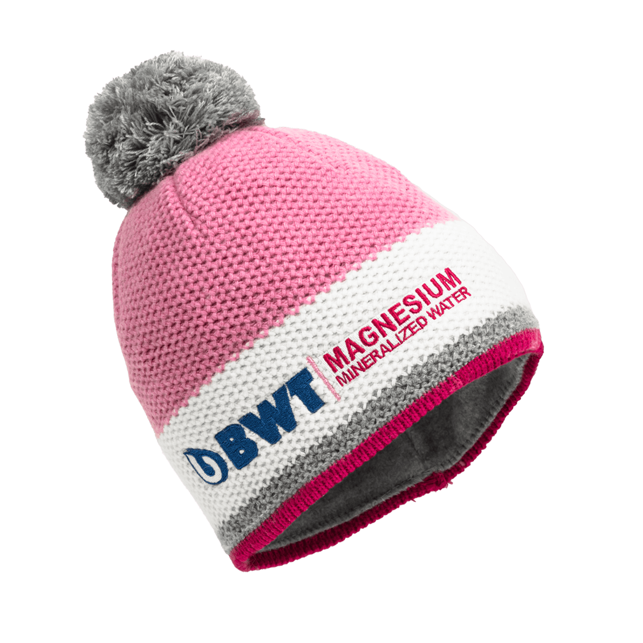 BWT Wollmütze Strick in pink/weiß mit grauer Quaste und blauem BWT Logo