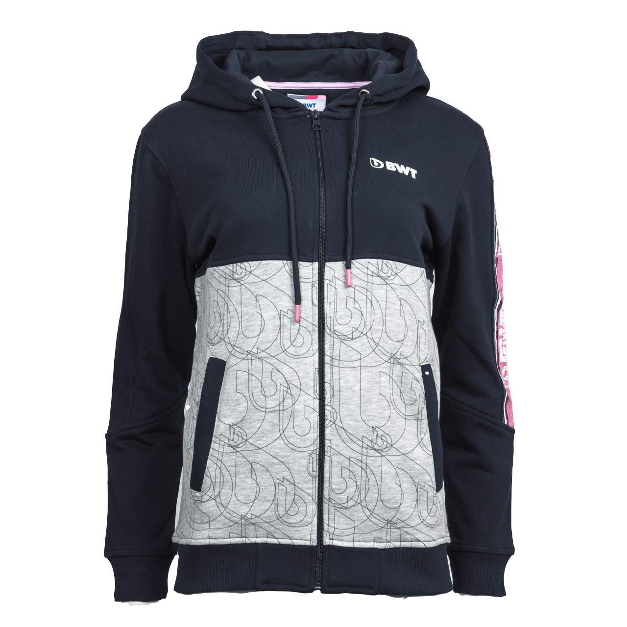 BWT Lifestyle Zip-Hoodie Damen in marineblau und grau mit pinken Elementen