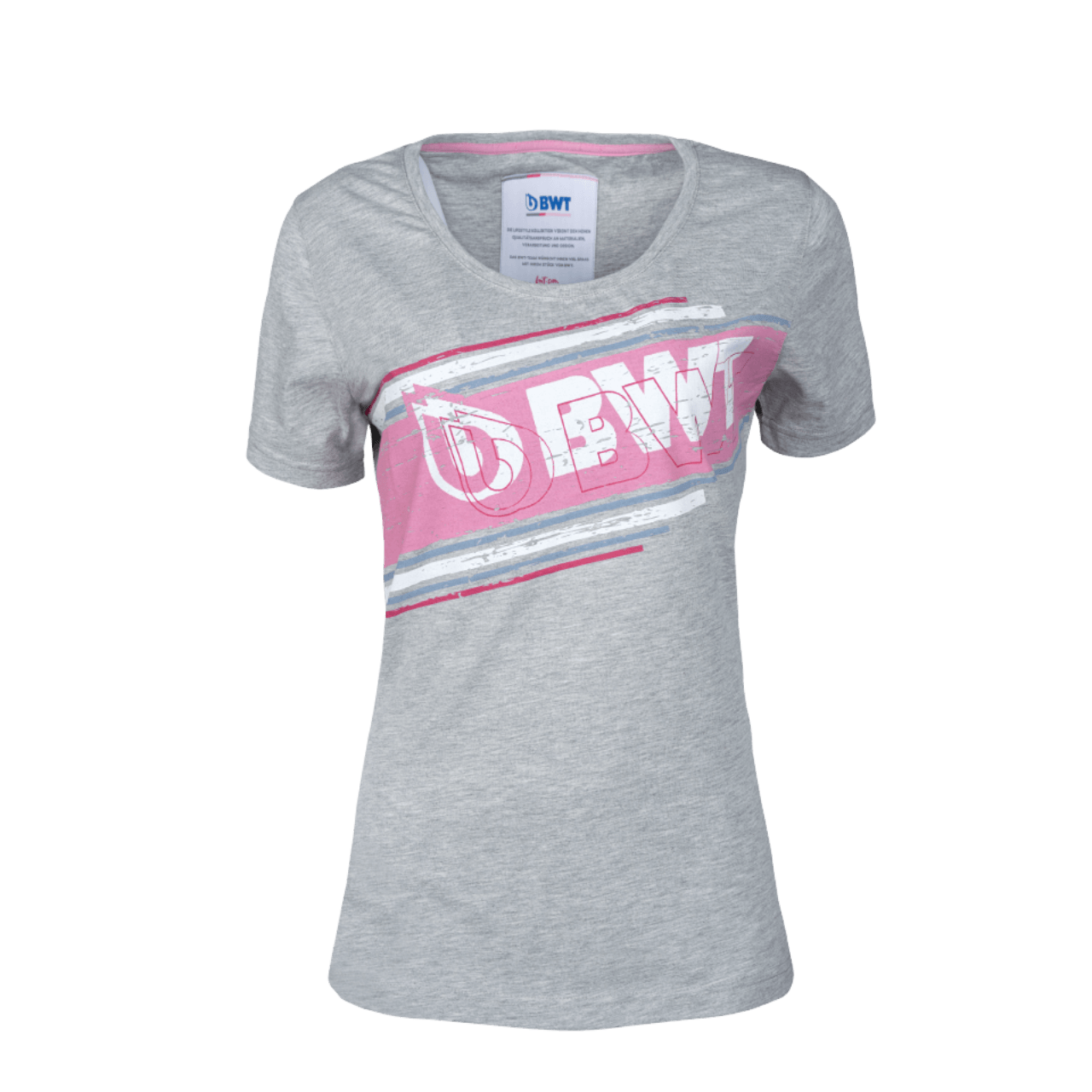 BWT Lifestyle T-Shirt Damen grau mit weißem BWT Logo auf pinken Hintergrund auf der Brust