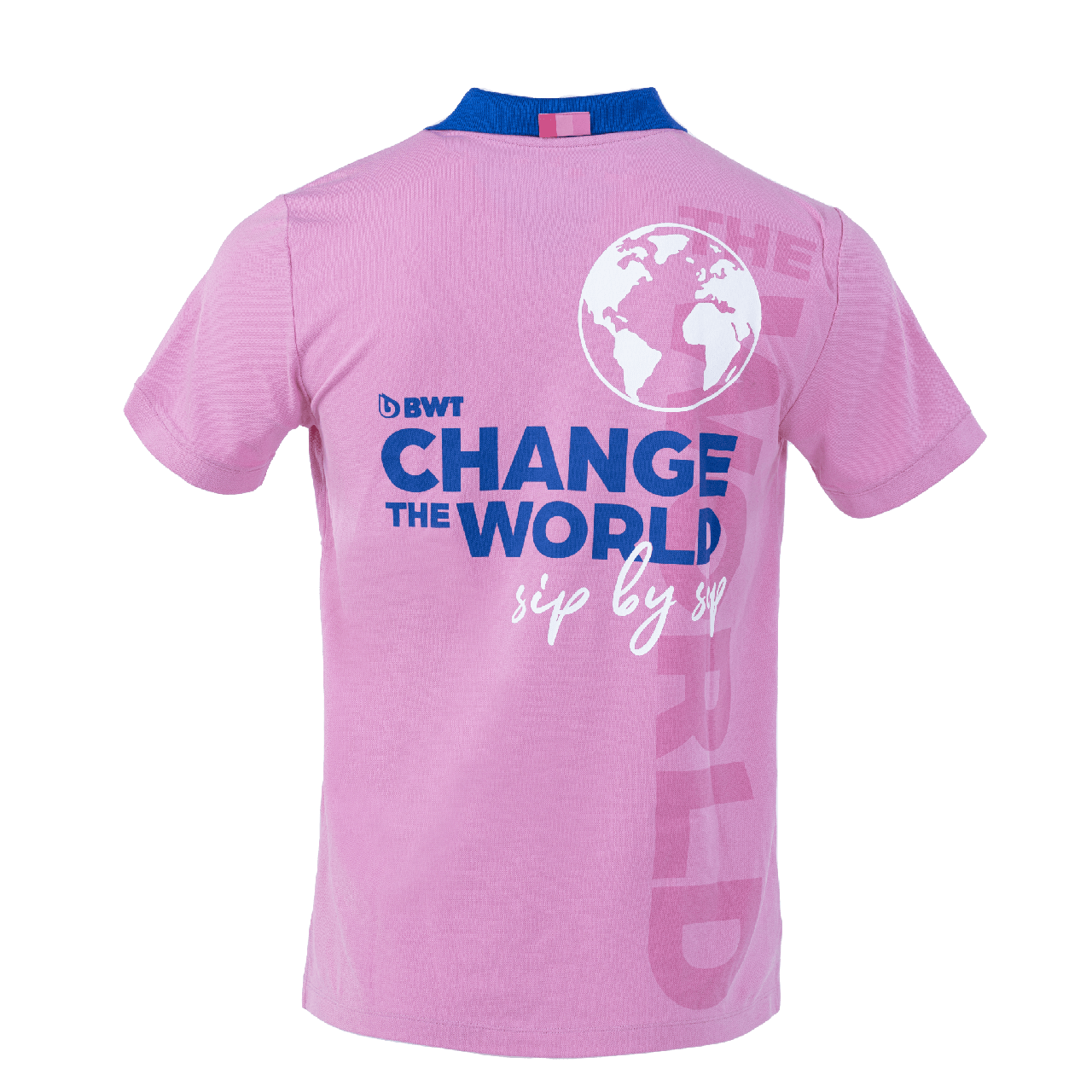 Rückseite des BWT Change the World Polo Damen in pink mit blauer Schrift