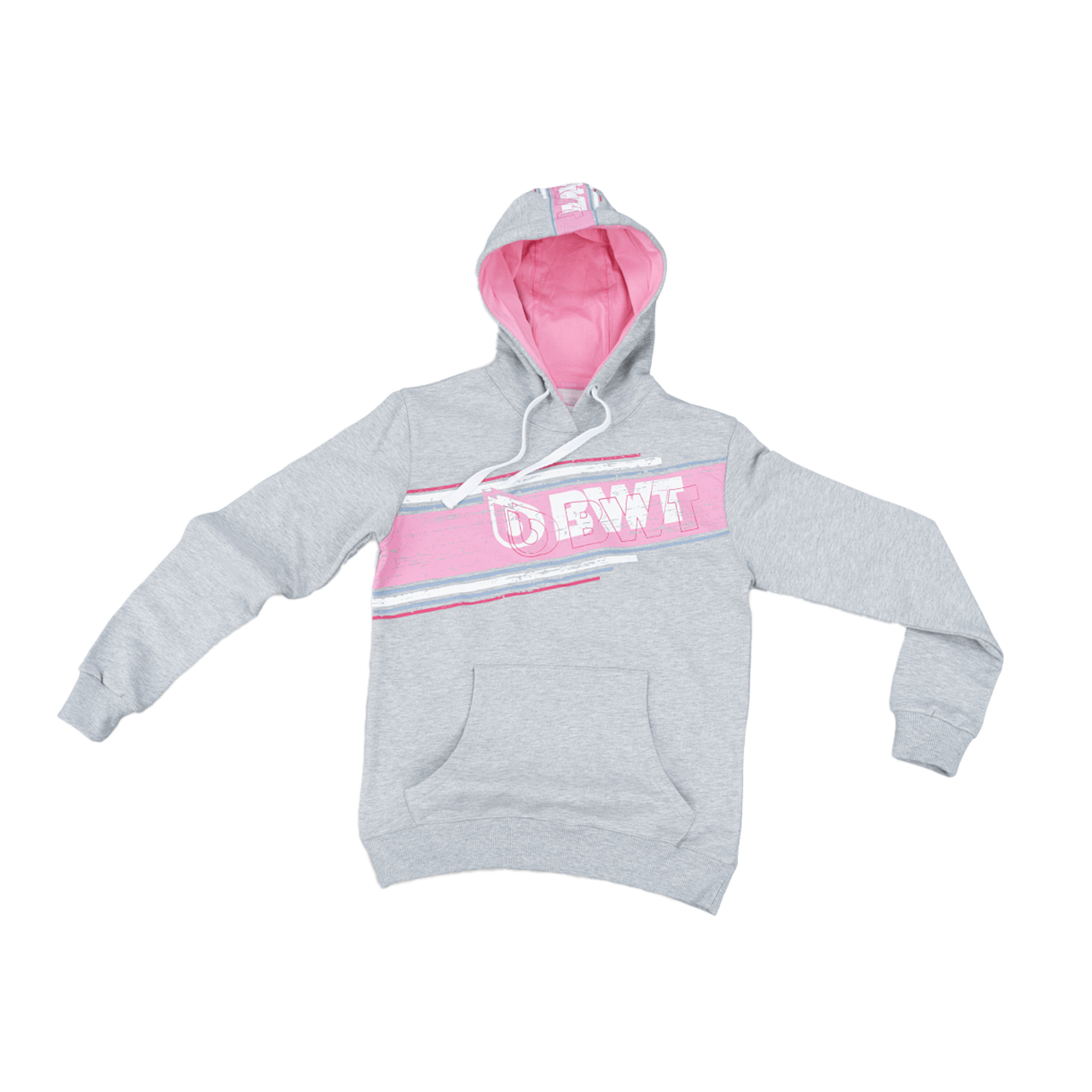 BWT Lifestyle Hoodie Herren grau mit weißem BWT Logo auf pinkem Hintergrund