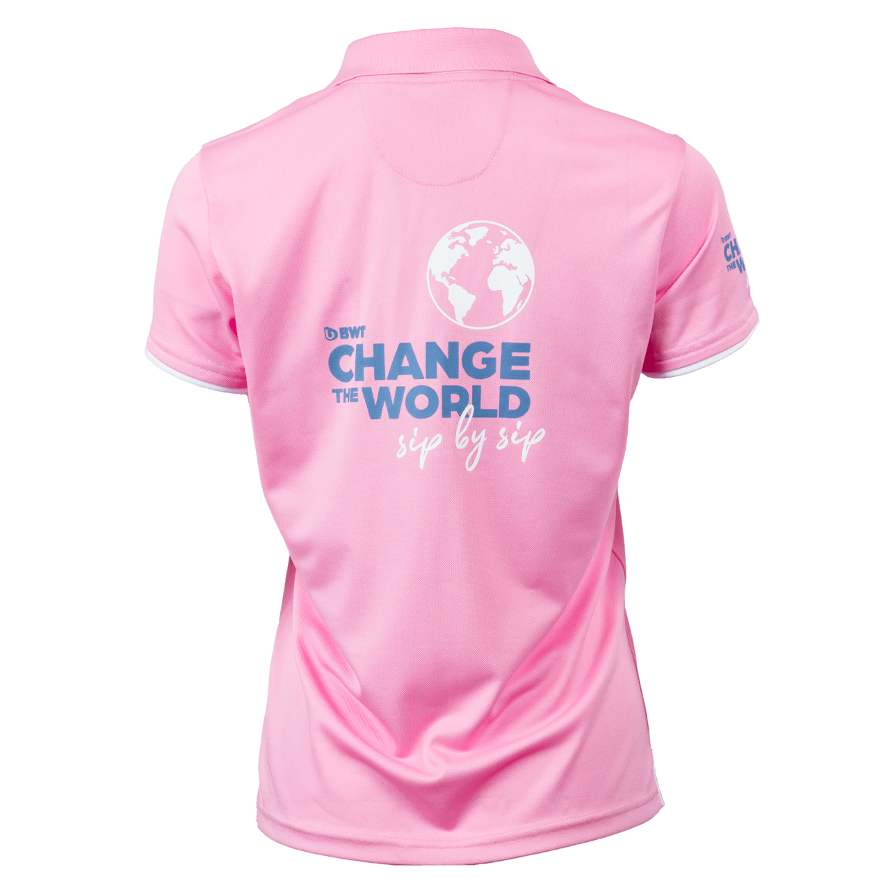 BWT Change the World Polo Funktion Herren Rückseite in pink mit blauem Change The World Logo