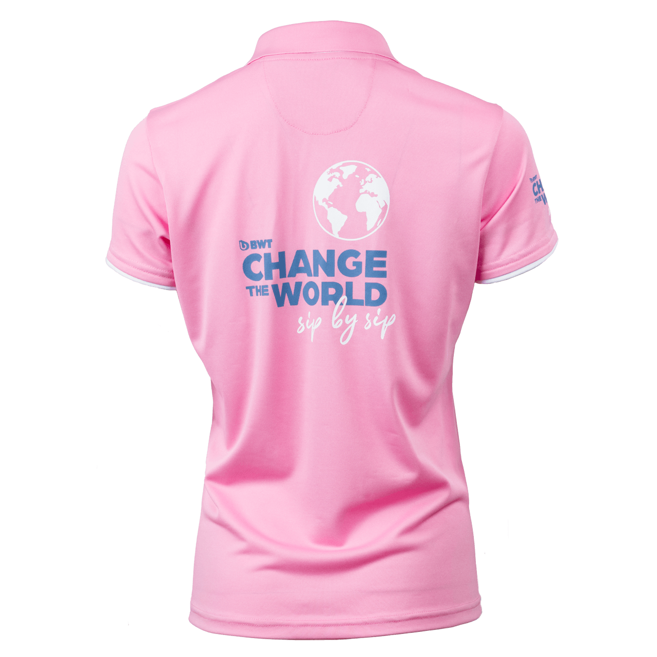 BWT Change the World Polo Funktion Herren Rückseite in pink mit blauem Change The World Logo