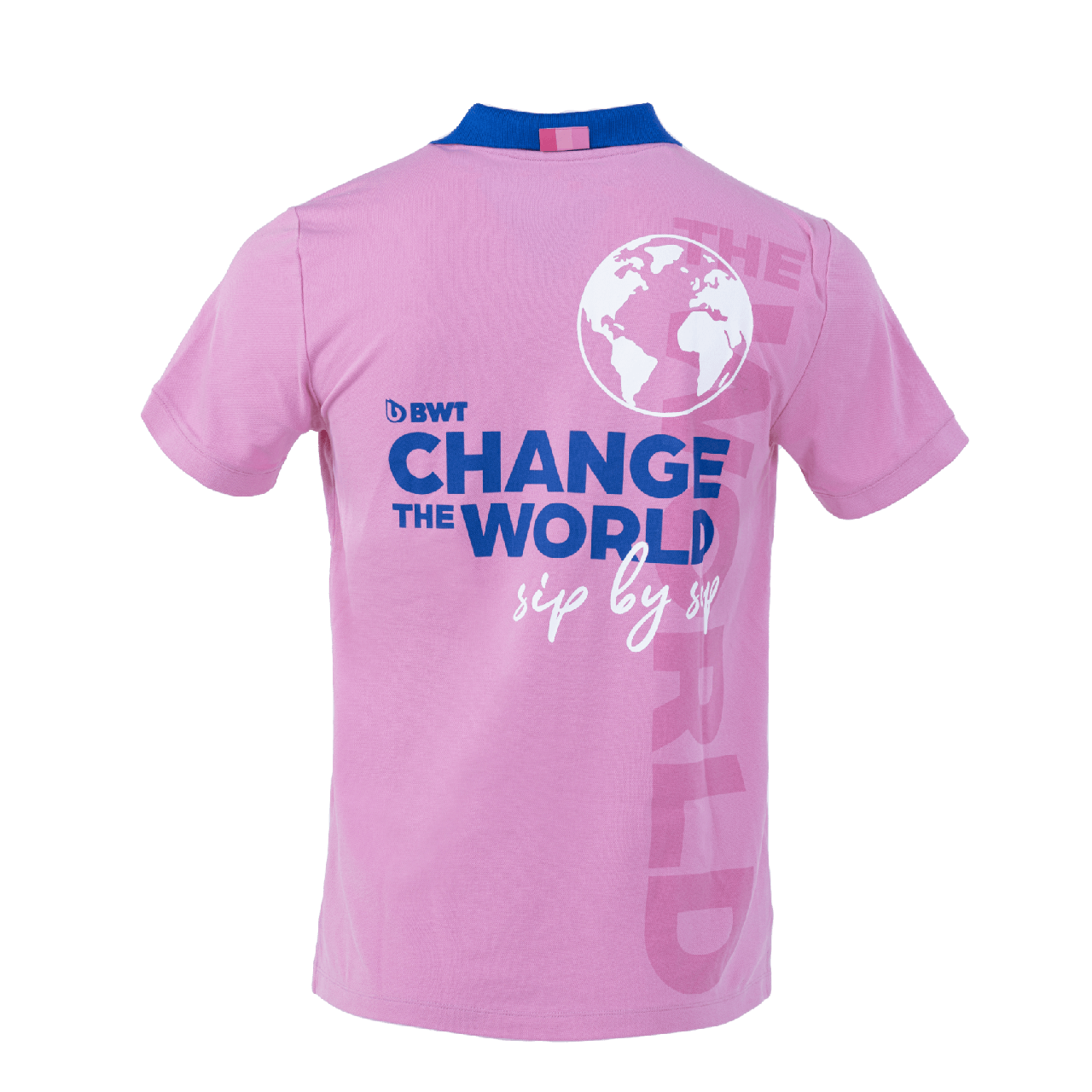 Rückseite des BWT Change the World Polo Herren pink mit blauem Logo